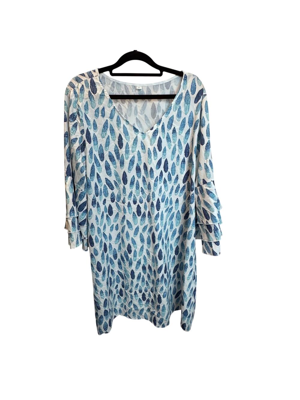 Flowy Beachy Blue Abstract Feather Print VNeck Shift Dress Tiered Bell Sleeve XL